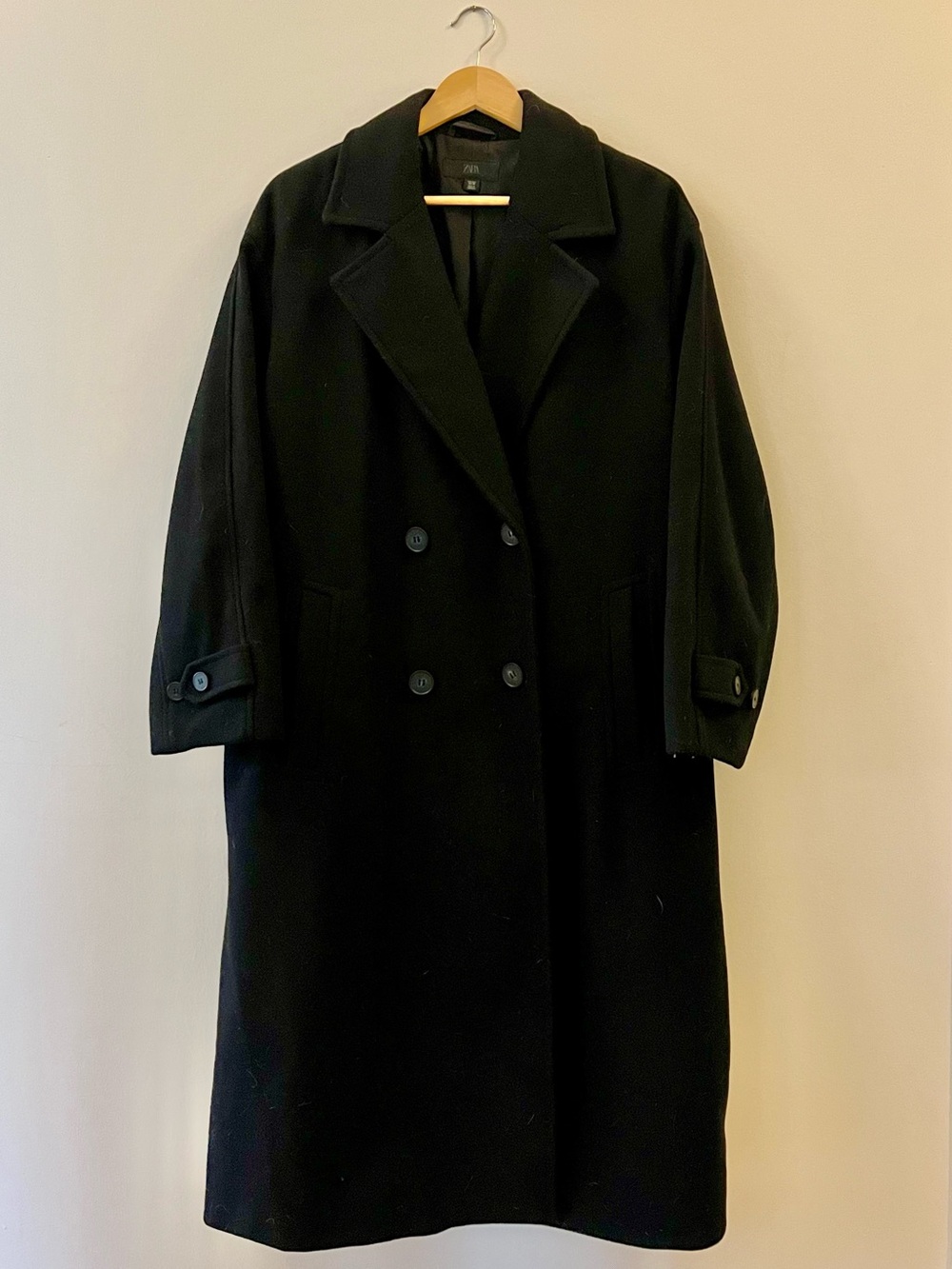 Zara Black Double-Breasted Long Coat - Size Large